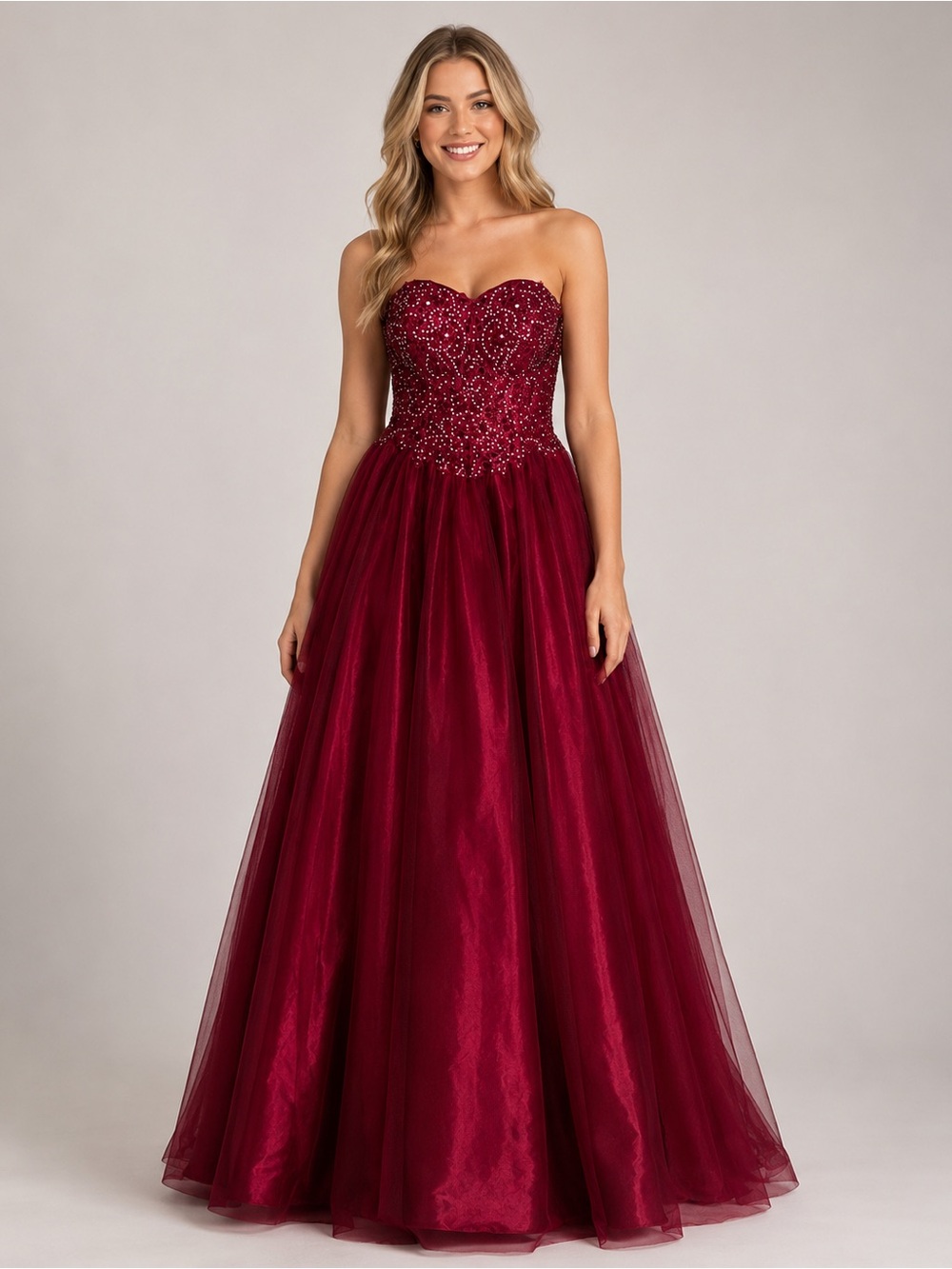 Sequin Hearts Size 3 Burgundy Rhinestone Lace Corset Strapless Prom Ball Gown